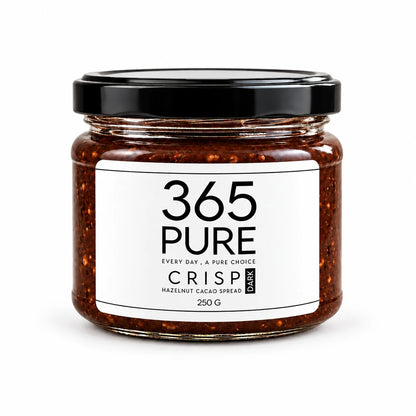 365Pure CRISP DARK hazelnut cacao spread 250 g jar, front view on white background