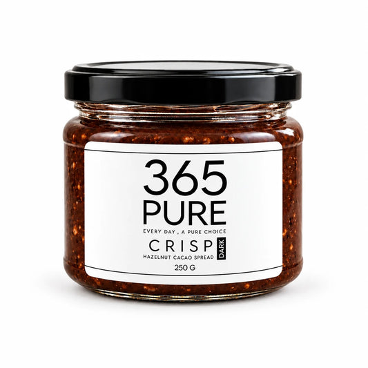 365Pure CRISP DARK hazelnut cacao spread 250 g jar, front view on white background