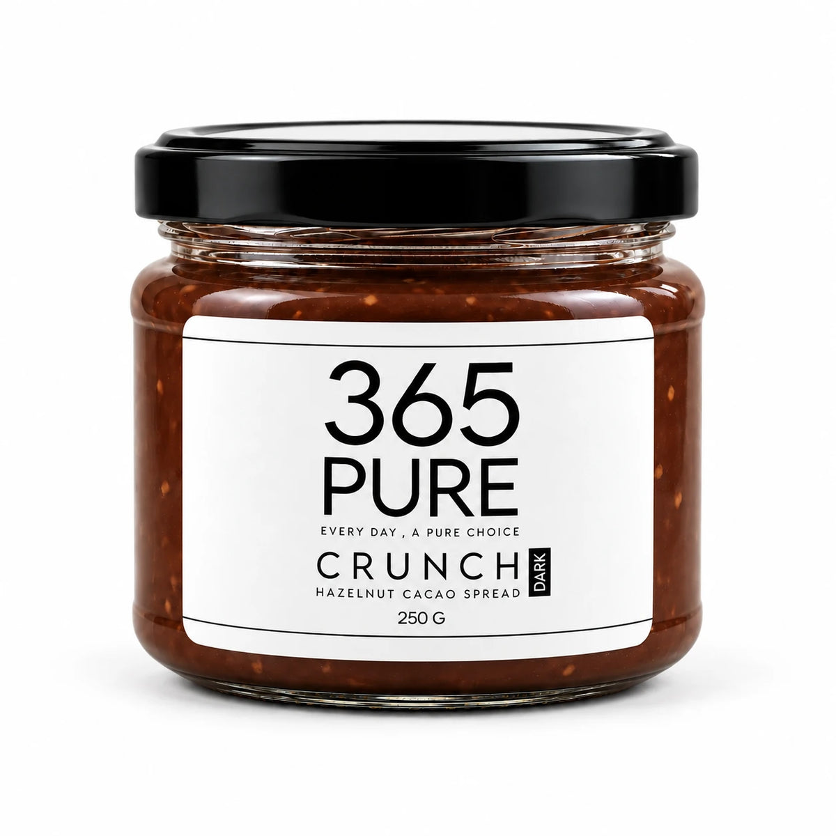 365Pure CRUNCH DARK hazelnut cacao spread 250 g jar, front view on white background