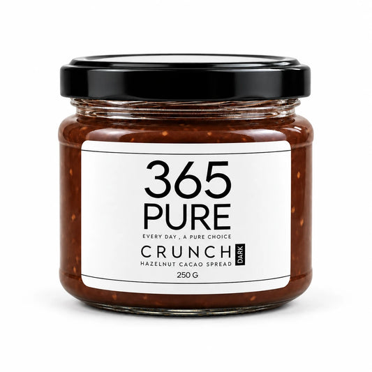 365Pure CRUNCH DARK hazelnut cacao spread 250 g jar, front view on white background