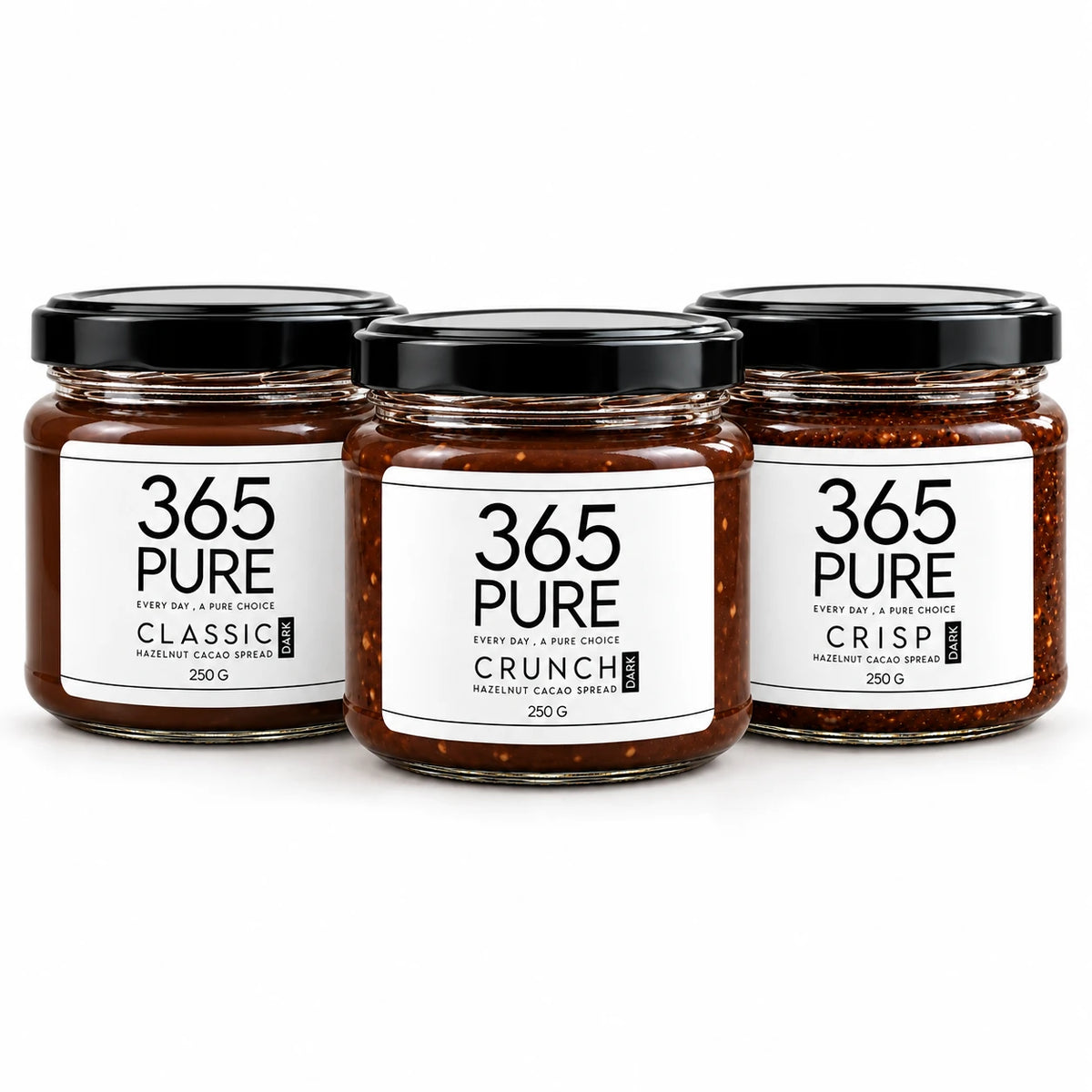 CLASSIC DARK, CRUNCH DARK and CRISP DARK jars in the 365Pure DARK TRIO bundle