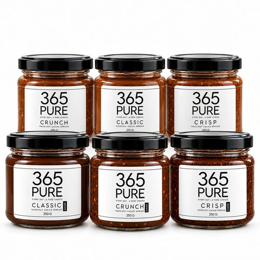 All six 365Pure hazelnut cacao spread jars in the FULL COLLECTION bundle