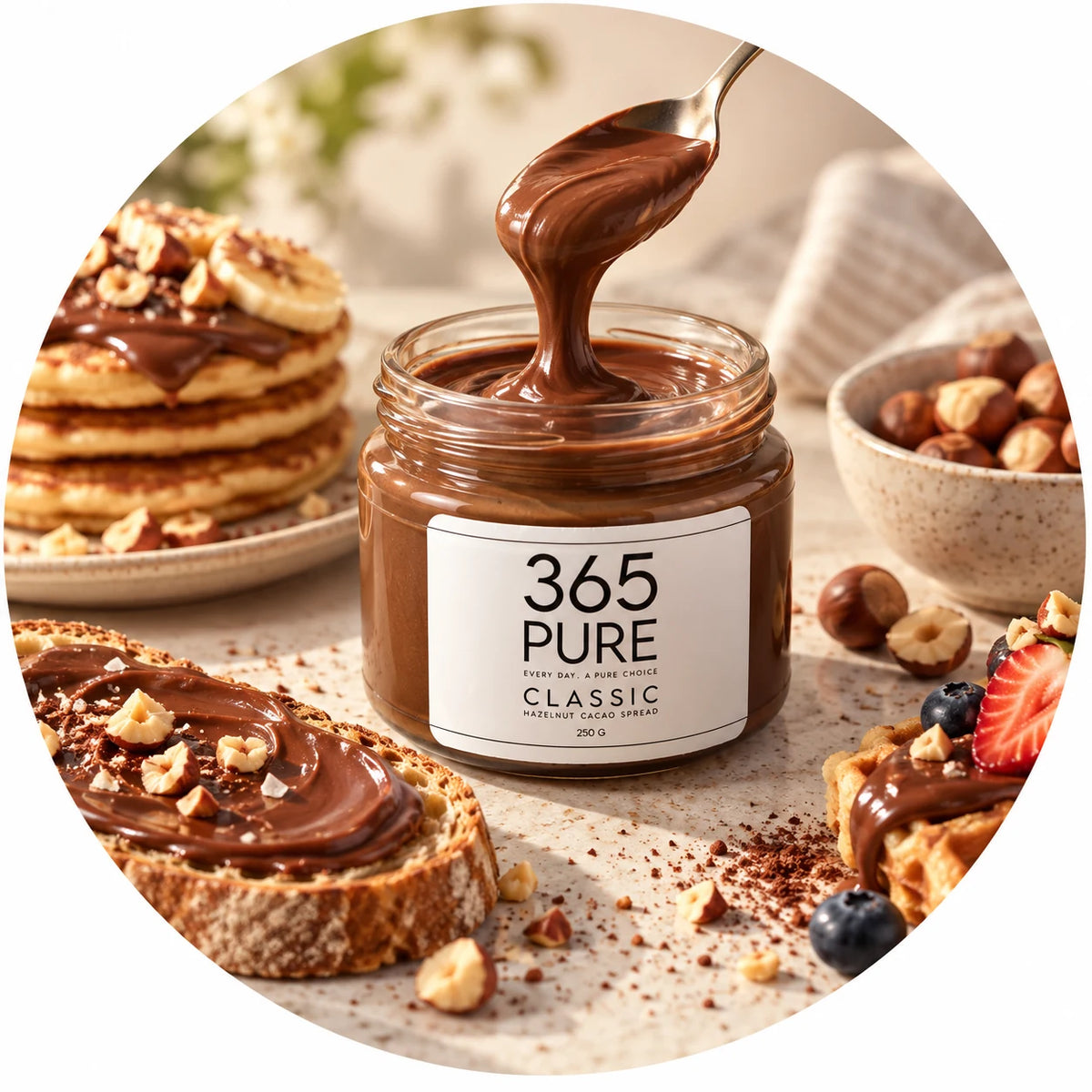 365 PURE CLASSIC hazelnut cacao spread serving ideas