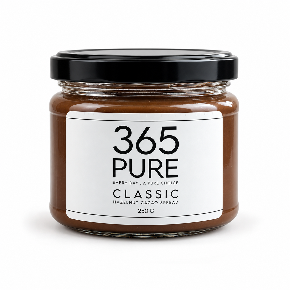A glass jar of 365 Pure Classic Hazelnut Cacao Spread with a white label and black lid, set against a plain white background.