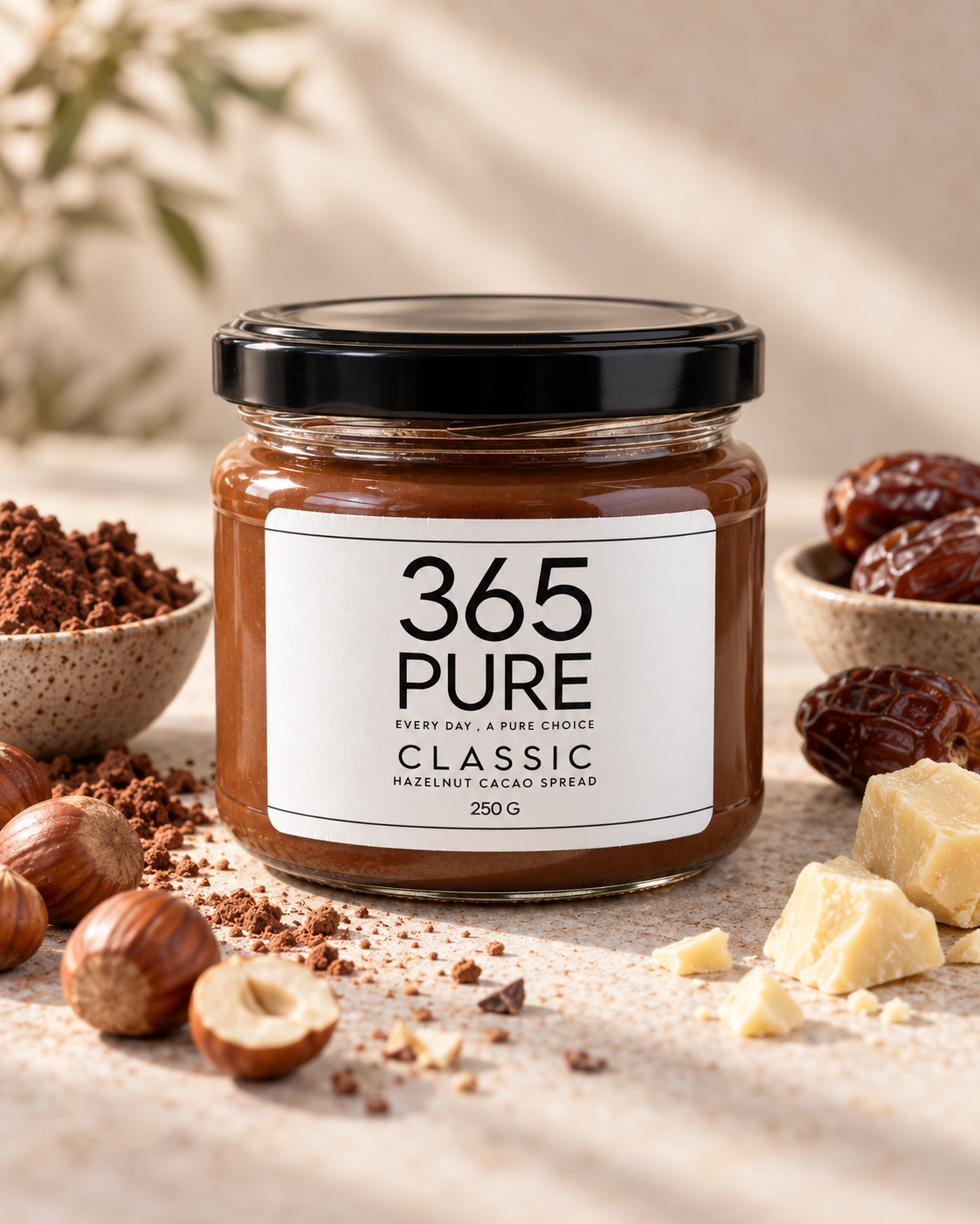 A jar of 365 Pure Classic Hazelnut Spread on a textured beige surface, surrounded by hazelnuts and cocoa powder