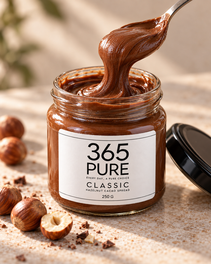 An open glass jar of 365 Pure Classic Hazelnut Cacao Spread with a spoon lifting the spread above the rim, surrounded by whole and halved hazelnuts on a textured beige surface.